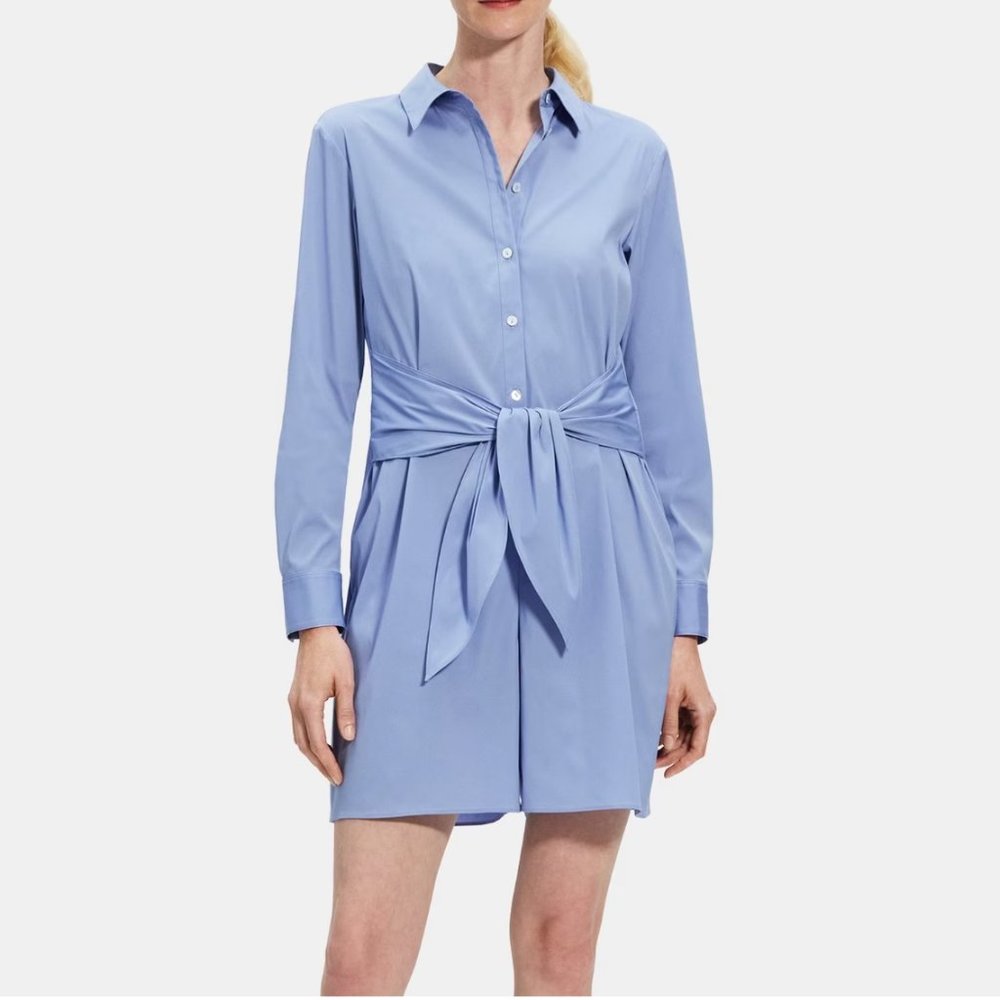 Theory Tie Waist Romper- Long sleeve collared button jumpsuit-Stretch cotton